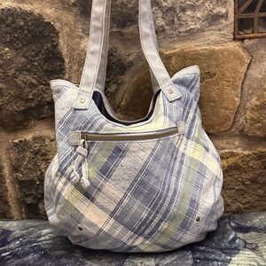 Lei Denim Blue and Green Plaid Tote Bag
